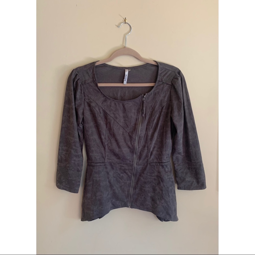 Millia gray peplum top/zip jacket faux suede